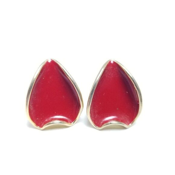 Vintage Red Enamel Petal Shape Clip On Earrings, Retro Bright Design, Estate - Picture 6 of 6